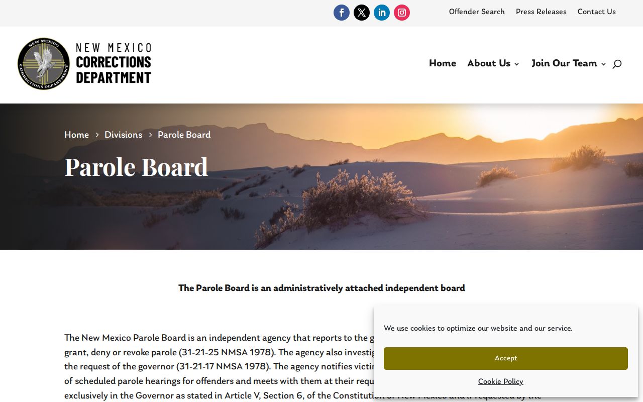 New Mexico Parole Board page describing weekly individual hearings and quarterly public meetings