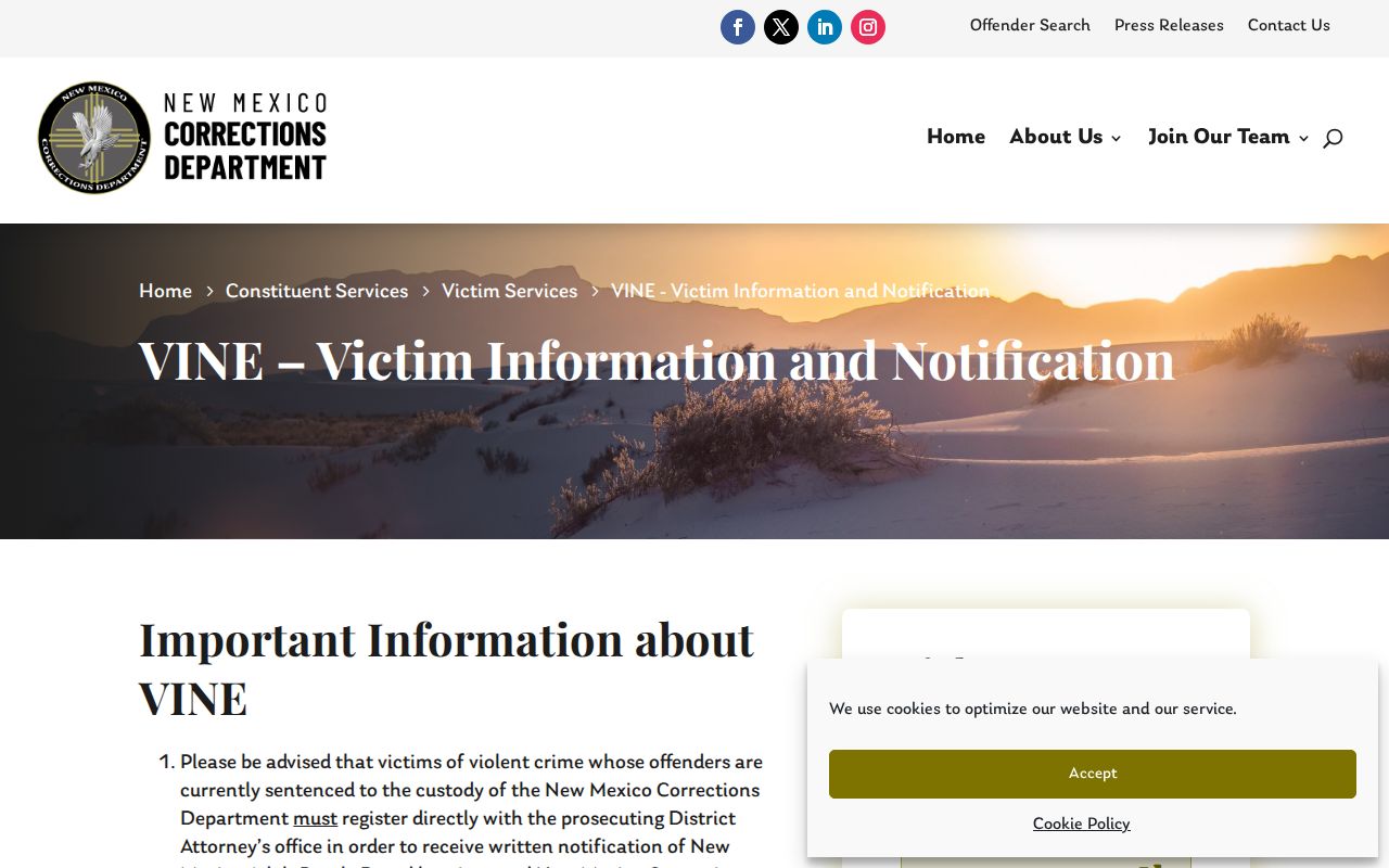 Official New Mexico VINE instructions describing notifications, PIN confirmation, retries, and transfer guidance